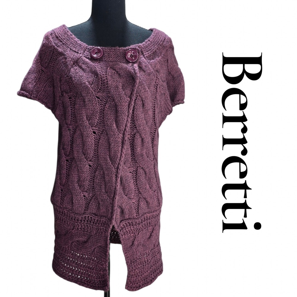 Berretti Cardigan Womens Medium Purple Mohair Wool Cable Knit Short Sleeve Italy